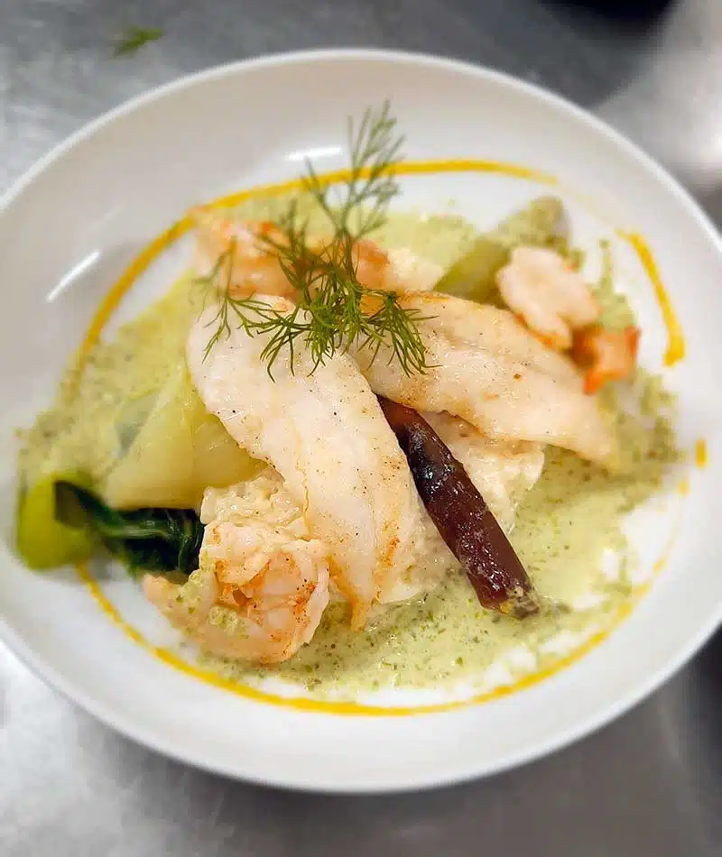 Risotto Saint Pierre et gambas sauce laitue